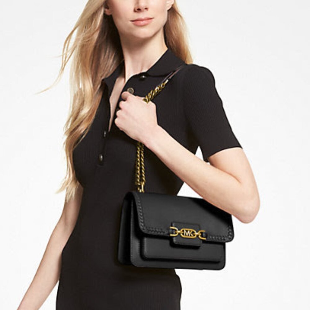 NEW ✅ Michael Kors Heather Large Leather Shoulder Bag BLACK ⭐ NEW - Picture 12 of 16